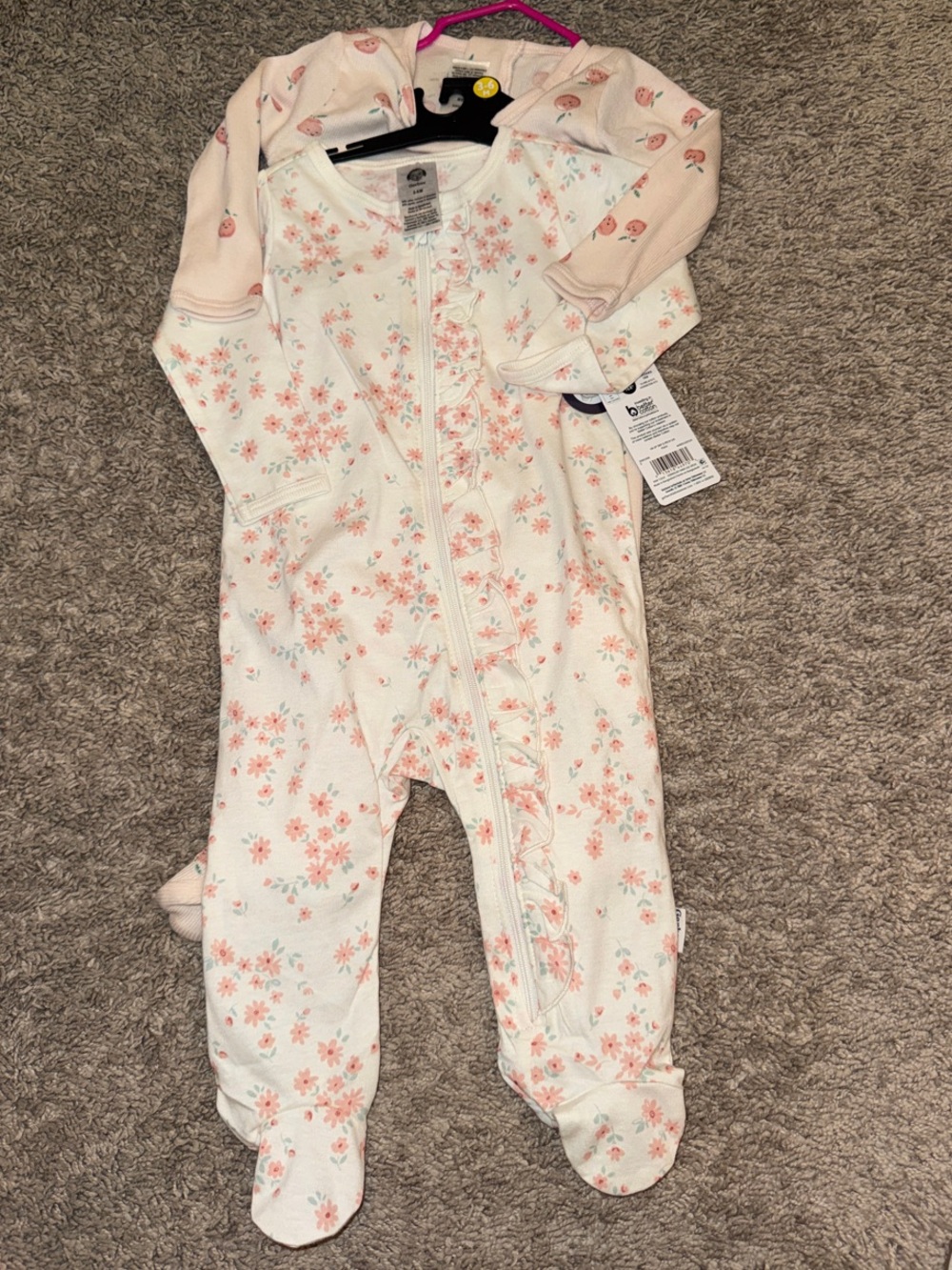 Gerber White Floral Zip Footed One-Piece with Pink Accents 3-6 month